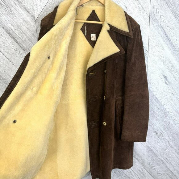 Vintage Mens Sheepskin Shearling Suede Coat Size 40 Brown Marlboro Man Ranch - Picture 6 of 7